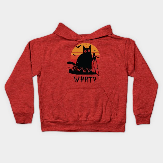 What? Funny Scary Black Cat With Knife Halloween Cat Lover Gift Kids Hoodie by BadDesignCo